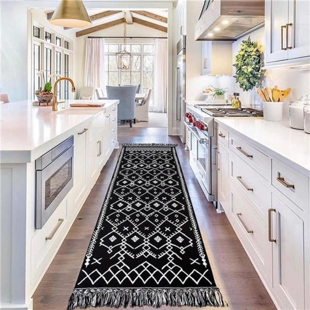 Upgraded Boho Runner Rug 2'x8', Hallway Runner Black White, 100% Woven Cotton